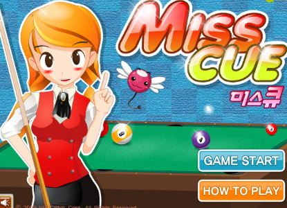 당구 큐대를 든 여성 캐릭터와 당구대가 그려진 미스큐(MISS CUE) 게임 타이틀 화면
