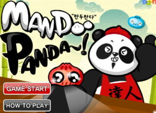 앞치마를 입은 팬더와 만두 캐릭터가 그려진 만두판다(MANDO PANDA) 게임 타이틀 화면