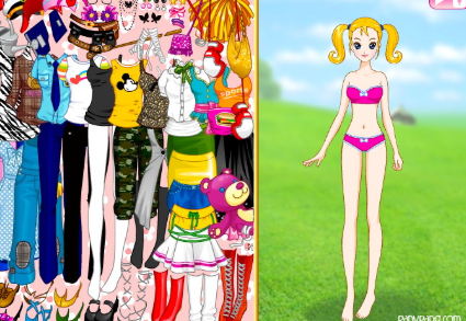 날씬한 위니윙 옷입히기 플래시게임 드레스업 화면 – 수영복 캐릭터와 다양한 의상 아이템 배치된 모습