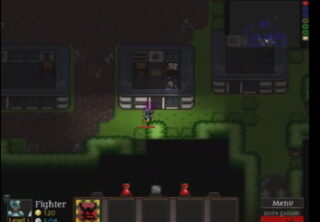 어두운 길 중앙에 작은 인물 도형이 서 있고 위쪽에 사각형 방 형태가 나란히 놓인 화면 구성