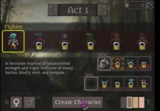 Act 1 표기 아래 선택된 인물 초상과 잠금 표시된 여러 칸이 가로로 정렬된 메뉴 화면