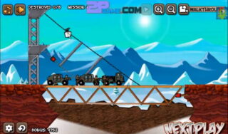 눈 덮인 산을 배경으로 갈색 지면 위를 이동하는 검은 차량 여러 대가 일렬로 놓이고 상단에는 상태 아이콘이 배열된 장면