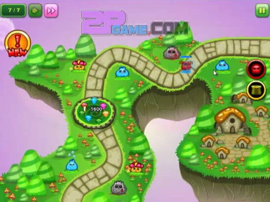 연두색 언덕 사이로 이어진 돌길 주변에 여러 색의 작은 생물 표시가 놓이고 오른쪽에는 원형 아이콘들이 세로로 정렬된 장면