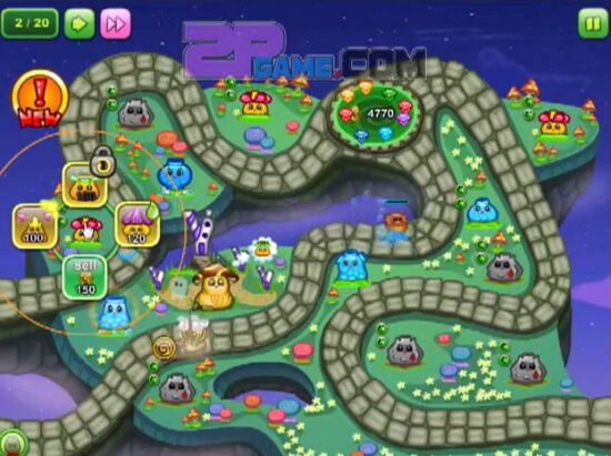 구불구불한 돌길이 화면을 가로지르며 파란색과 회색의 작은 생물 표시들이 길가에 흩어져 배치된 장면