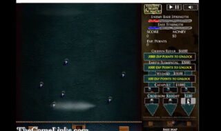 중앙에 작은 아이콘 여러 개 흩어져 있고 오른쪽 정보 패널에 버튼과 수치 항목 나열