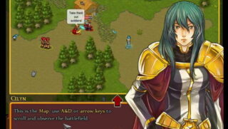 숲과 평지가 섞인 지도 위에 작은 병력 표시들이 흩어져 있고 오른쪽에는 녹색 머리의 갑옷 인물 초상이 크게 배치된 장면