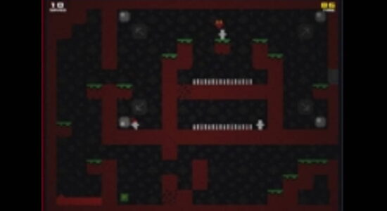 좌우로 이어진 붉은 통로 사이에 초록 가장자리 발판과 가시 줄이 반복 배치되고 화면 가장자리에 아이콘 표시가 놓인 장면