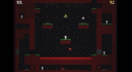 어두운 내부 공간 중앙에 작은 픽셀 인물이 떠 있고 사방으로 붉은 벽과 초록 가장자리 발판이 흩어져 배치된 상단 시점 장면