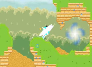 연두색과 황토색 영역이 맞닿은 공간 중앙에 밝은 빛의 형태가 나타나고 주변에는 벽돌 무늬가 이어진 장면