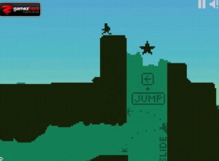 청록색 톤의 공간에서 높은 직사각형 단 위에 검은 실루엣 두 개가 서로 다른 높이로 배치된 장면