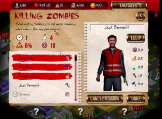 왼쪽에 임무 목록과 수치가 세로로 배열되고 오른쪽에 인물 전신 그림과 장비 버튼이 함께 표시된 선택 화면