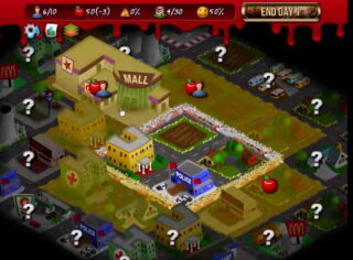 중앙에 격자 형태로 배열된 아이콘들이 놓이고 가장자리에는 물음표 표시가 흩어져 있는 상단 시점 화면