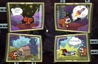 여러 개의 액자 안에 그려진 다람쥐 모습들, 밤하늘 별 장면과 비행체를 바라보는 장면이 나란히 배치된 화면