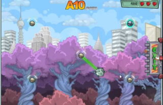 숲 위쪽 하늘을 가로지르는 작은 비행체와 원형 장치들, 아래쪽에 나무 실루엣과 멀리 보이는 도시 건물