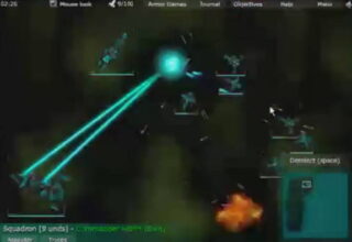 어두운 우주 공간 중앙에서 청록색 광선 두 줄이 교차하며 주변에 작은 기체 표식들이 흩어져 있는 장면