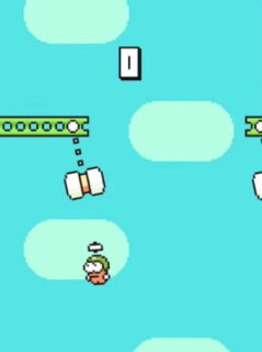 밝은 하늘색 화면 중앙에 작은 인물 실루엣이 떠 있고 위아래에는 초록 발판과 매달린 사각 물체들이 배치된 장면