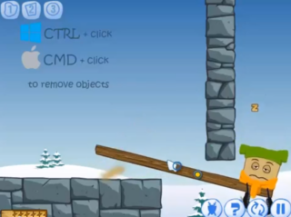 왼쪽 돌 블록 끝에서 나무 판자 비스듬히 걸쳐 있고 오른쪽 아래 잠든 표정 상자 형태 대상 옆에 기호 아이콘 배치된 화면