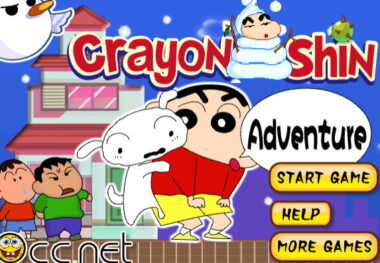 옛날 짱구 게임 글자 로고와 눈사람 장식 옆에 노란 버튼 세 개가 세로로 배치된 화면