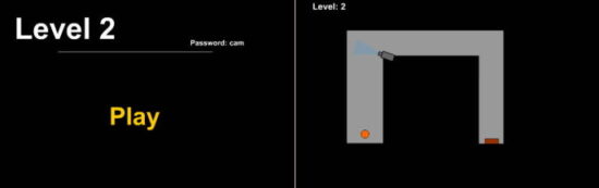 플래시게임 Security 2 레벨 2 시작과 플레이 장면으로 왼쪽엔 큼직한 Level 2와 Play 문구, 오른쪽엔 회색 통로 안 주황색 공과 출구가 배치된 퍼즐 화면.