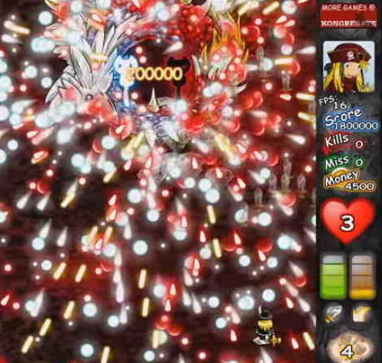 플래시게임 뷸렛 헤븐 Bullet Heaven 보스전에서 화면 가득 탄막이 쏟아지고, 하단 캐릭터와 우측 체력·점수 UI가 보이는 비행 슈팅 장면