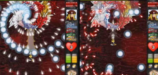 플래시 플라이트 슈팅게임 뷸렛 헤븐 Bullet Heaven 보스전에서 붉은 배경 위 거대한 용과 원형 탄막 패턴, 우측 HUD와 남은 목숨 3개가 표시된 클로즈업 장면