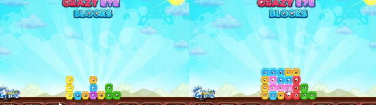 눈알 컨트롤 퍼즐 게임 Crazy Eye Blocks 블록들이 무너진 상태와 정돈된 상태를 비교하는 게임 플레이 스크린샷