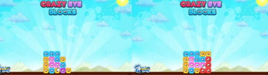 Crazy Eye Blocks 중독성 게임 플레이 화면 푸른 하늘 배경에 눈알 모양 블록들을 쌓아 올리는 퍼즐 단계