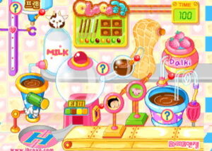 슈의 초코공장 튜토리얼 장면, 각 기계 사용법과 버튼 조작으로 초콜릿을 만드는 법을 보여주는 슈게임 화면