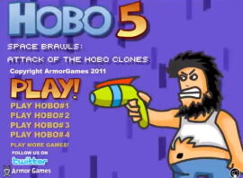 노숙자의난5 게임하기 (Hobo 5: Space Brawl) 보라색 화면 중앙에 수염 난 남성 상반신과 녹색 총, 왼쪽에 제목 글자 배치