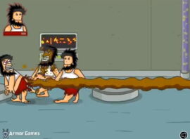 회색 실내에서 두 남성 사이로 길게 이어진 갈색 분출물, 벽면에 작은 표식