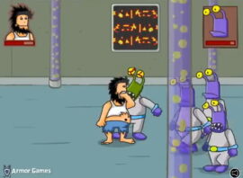 기둥 앞에 선 수염 난 남성과 보라색 형태 둘, 바닥에 작은 파편 여러 개