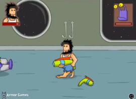 회색 바닥 위를 걷는 수염 난 남성 손에 녹색 총, 뒤쪽에 둥근 창문 두 개