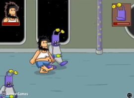 바닥에 앉은 남성 옆으로 팔을 뻗은 보라색 외계 생물, 회색 바닥과 벽면 창