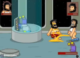 유리 원통 장치 앞 바닥에 쓰러진 남성과 보라색 외계 생물 둘, 실내 공간에 회색 바닥과 벽