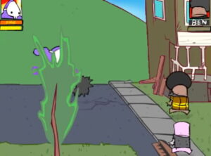 Dad n' Me + 보라색 아들 캐릭터 + 놀이터 점프 공격 장면