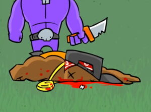 Dad n' Me + 보라색 아빠 캐릭터 + 쓰러진 적과 칼을 든 모습