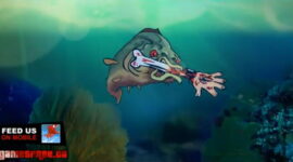 푸른 물속 중앙에 큰 물고기 형상과 벌어진 입