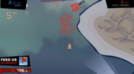 어두운 물속 가장자리에서 작은 생물 하나와 붉은 흔적