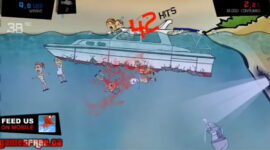 수면 가까운 곳에 긴 형태의 대상과 붉은 흔적이 이어진 장면