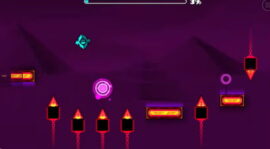 지오메트리대쉬 점프하며 장애물을 피하는 중