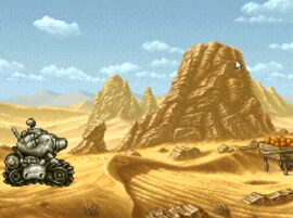 메탈슬러그 탱크 + 사막 마을에서 적군과 교전 중인 모습