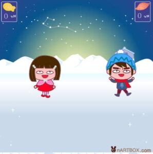 두명의 캐릭터 설원 붕어빵 고구마 획득 시작