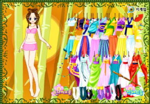 비천무 옷입히기 게임 + 선녀 캐릭터 + 다양한 전통 의상과 소품을 선택하는 화면