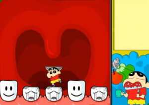 치카치카 + 짱구 캐릭터 + 썩은 이 위에서 균형 잡기 플레이 화면