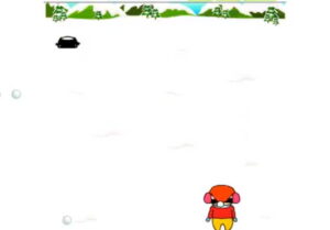 짱구 눈싸움을 하자 짱구교실 게임에서 눈밭 아래쪽에 겨울 옷을 입은 짱구가 서 있고 위쪽에서는 검은 모자가 눈덩이를 던지며 하얀 눈밭에 투사체가 흩어진다.