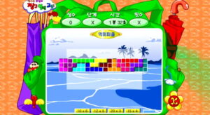 플래시게임 짱구교실 악마퍼즐 진행 장면으로 중앙의 컬러 블록 배열이 유지된 채 상단에 남은 시간과 단계 표시가 보이는 퍼즐판