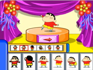 나처럼 해봐라 요렇게 짱구게임에서 여러 동작 아이콘이 슬롯에 채워지고 짱구가 춤 동작을 취하는 안무 편집 장면.