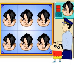 짱구 범인을 찾아라 플래시게임 도움말 화면 채성아 선생님과 떡잎마을 방범대 대원들이 설명하는 메인 메뉴