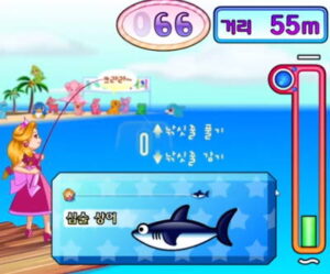 화면 오른쪽에 세로로 긴 색 막대와 원형 표시, 아래쪽 상자 안에 상어 그림과 작은 물고기 아이콘, 왼쪽에 막대를 잡은 인물 배치