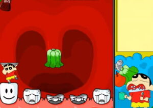 치카치카 + 짱구 캐릭터 + 떨어지는 젤리 피하기 플레이 화면